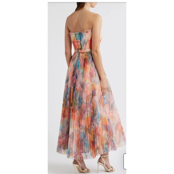 Hutch Coral Multi Swirl Strapless Pleated Fit Flare  Belted Midi Dress Sz 14 - Picture 4 of 12